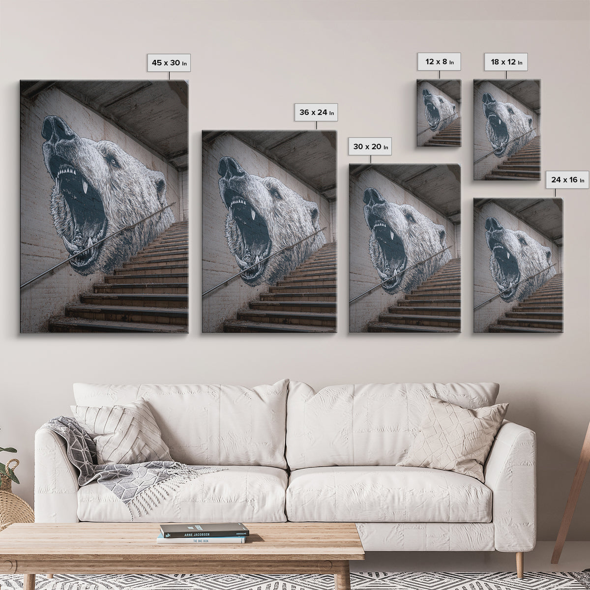 Striking Bear Mural Street Art On Staircase Wall Art Urban Canvas Print Vibrant Outdoor Wall Decor