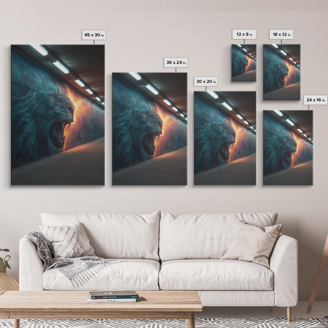 Roaring Lion Graffiti Street Art Mural With Dramatic Lighting Urban Wall Art Canvas Print