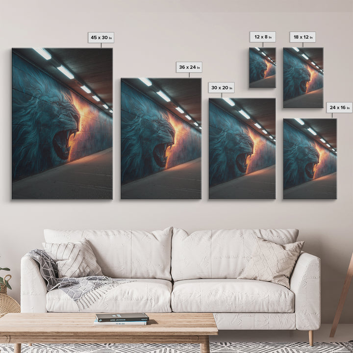 Roaring Lion Graffiti Street Art Mural With Dramatic Lighting Urban Wall Art Canvas Print