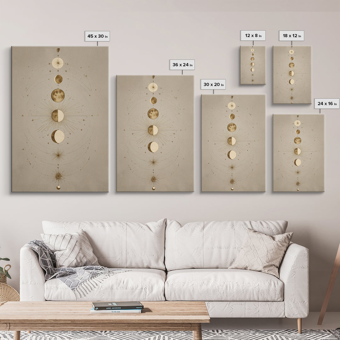 Gold Moon Phases Celestial Wall Art, Mystical Astrology Canvas Print, Boho Lunar Decor For Bedroom Or Meditation Room Decor