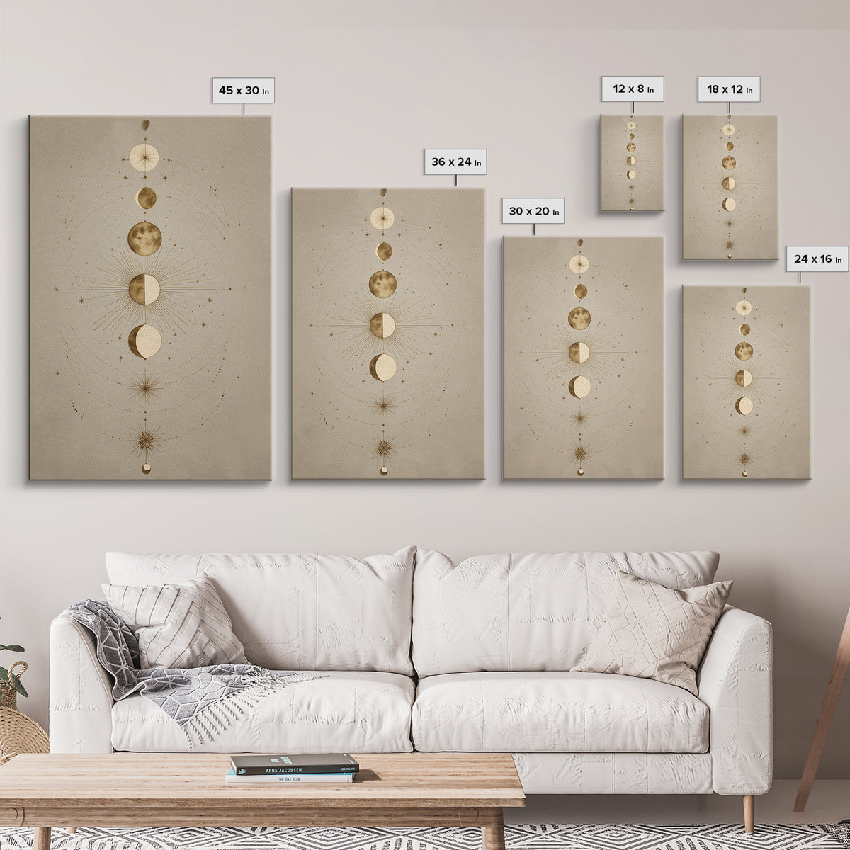Gold Moon Phases Celestial Wall Art, Mystical Astrology Canvas Print, Boho Lunar Decor For Bedroom Or Meditation Room Decor