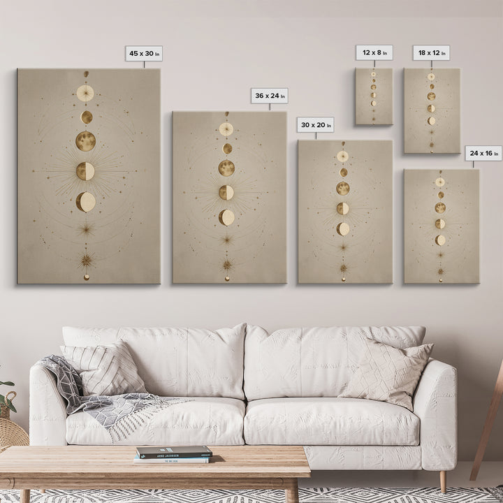 Gold Moon Phases Celestial Wall Art, Mystical Astrology Canvas Print, Boho Lunar Decor For Bedroom Or Meditation Room Decor