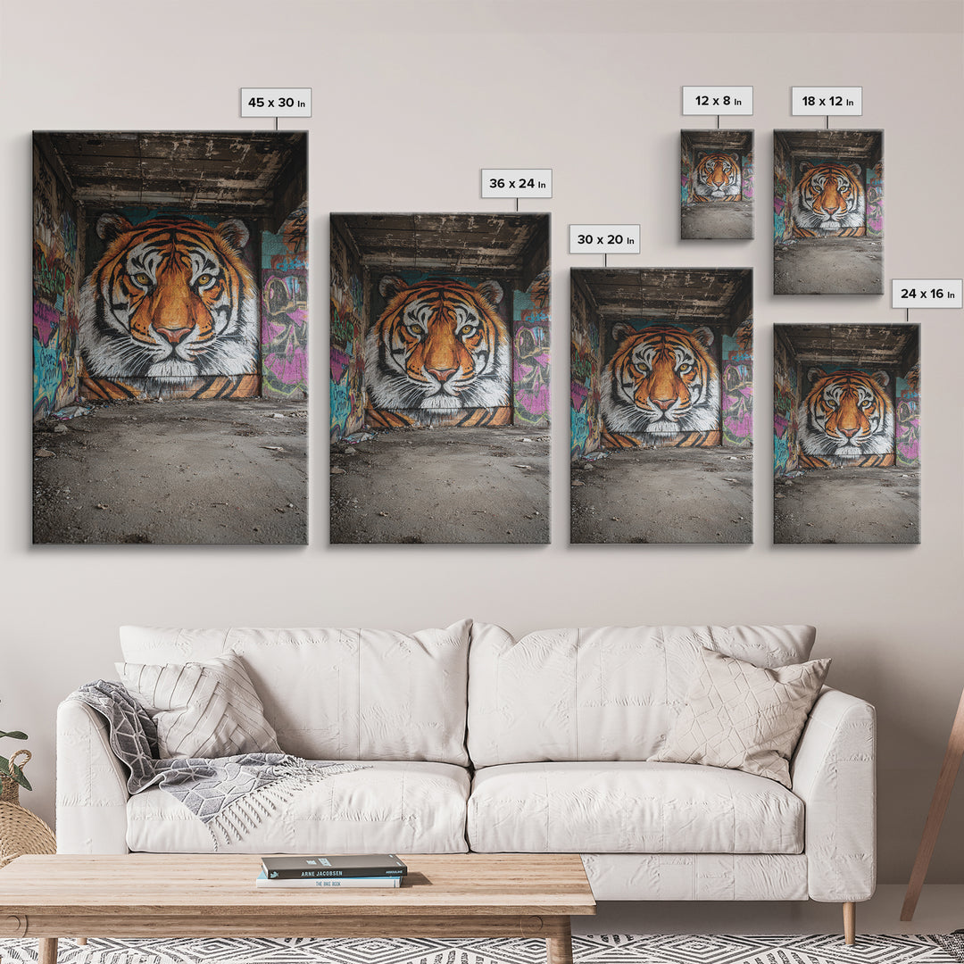 Vibrant Tiger Mural Street Art Urban Wall Art Perfect Framed Canvas Print For Eclectic Living Room Decor Or Gift