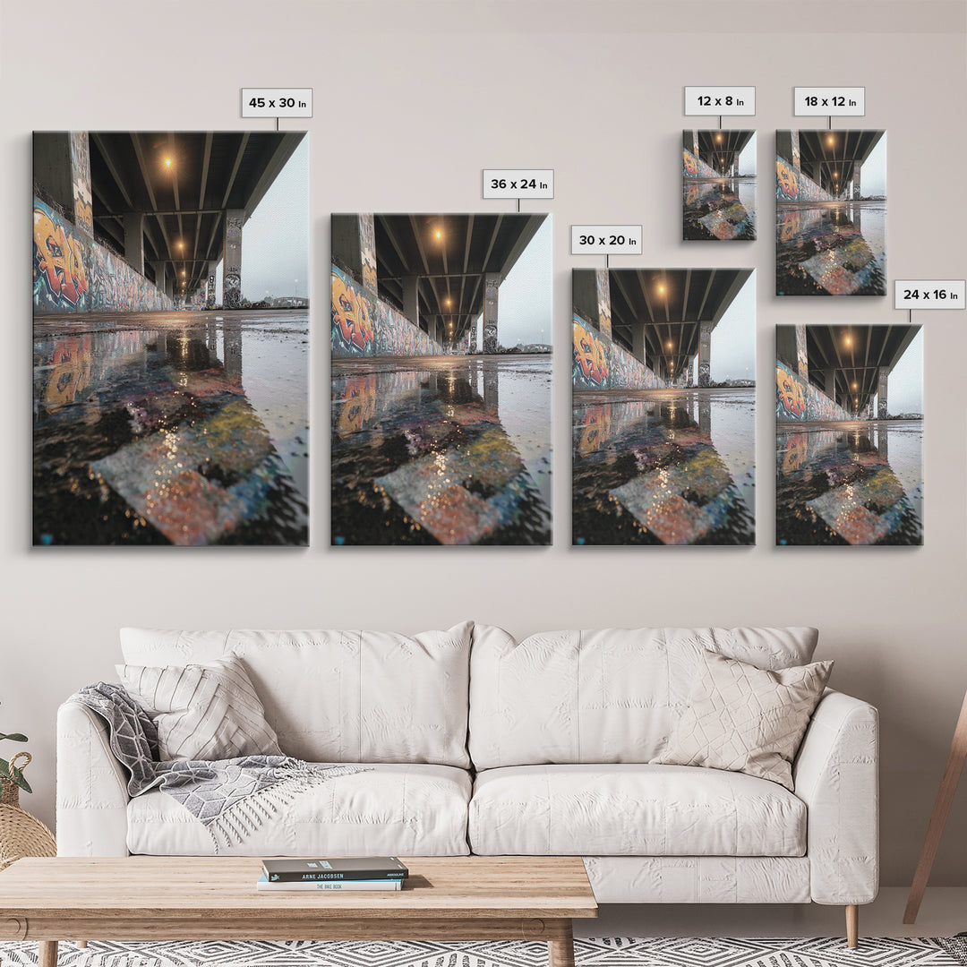 Urban Street Art Graffiti Under Bridge Reflected In Water Puddles Downtown Photographic Wall Art