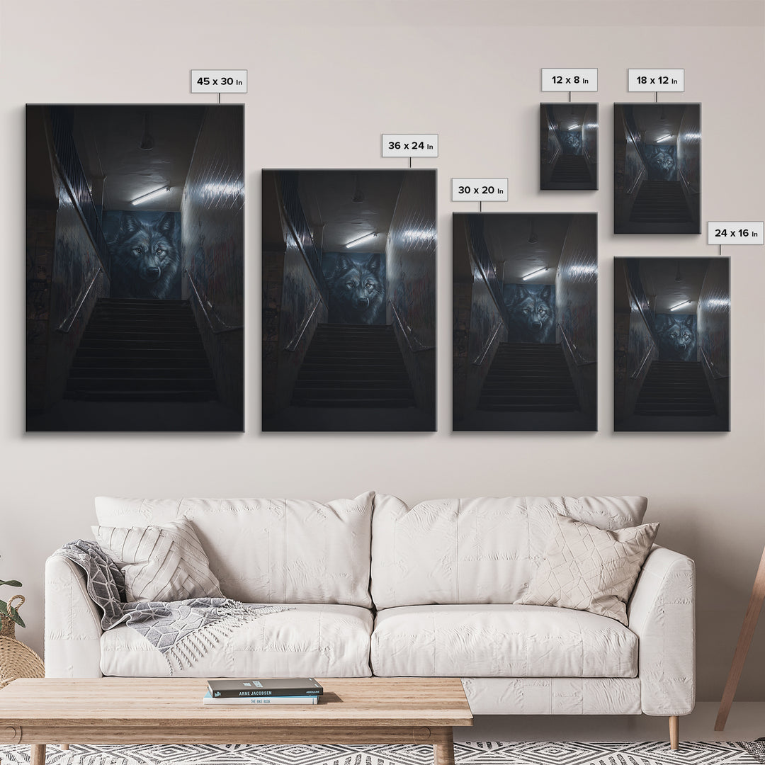 Urban Graffiti Alleyway With Detailed Wolf Mural Street Art Canvas Print Wall Art For Modern Living Room And Office Wall Decor