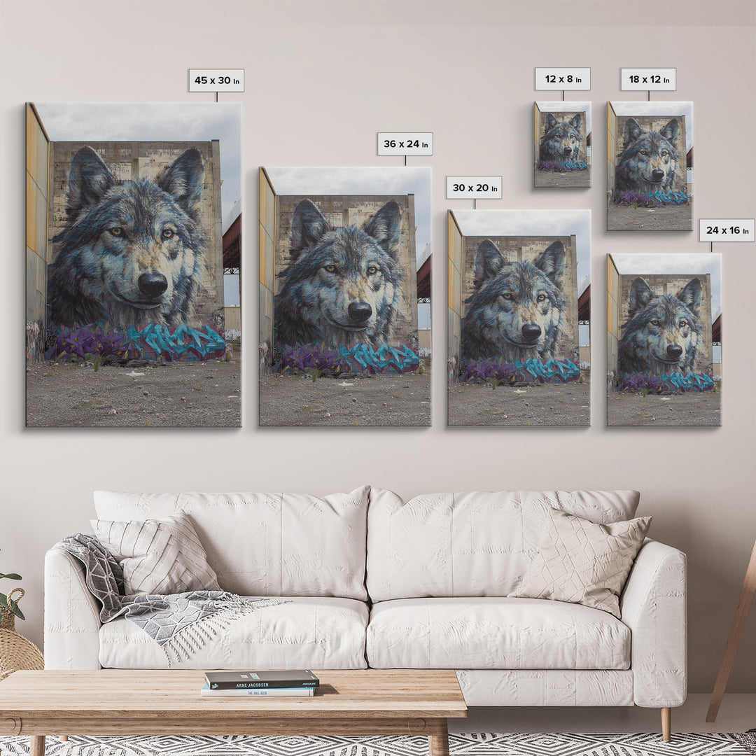 Massive Wolf Mural Graffiti On Urban Wall Featuring Detailed Animal Portrait Vibrant Street Art Print