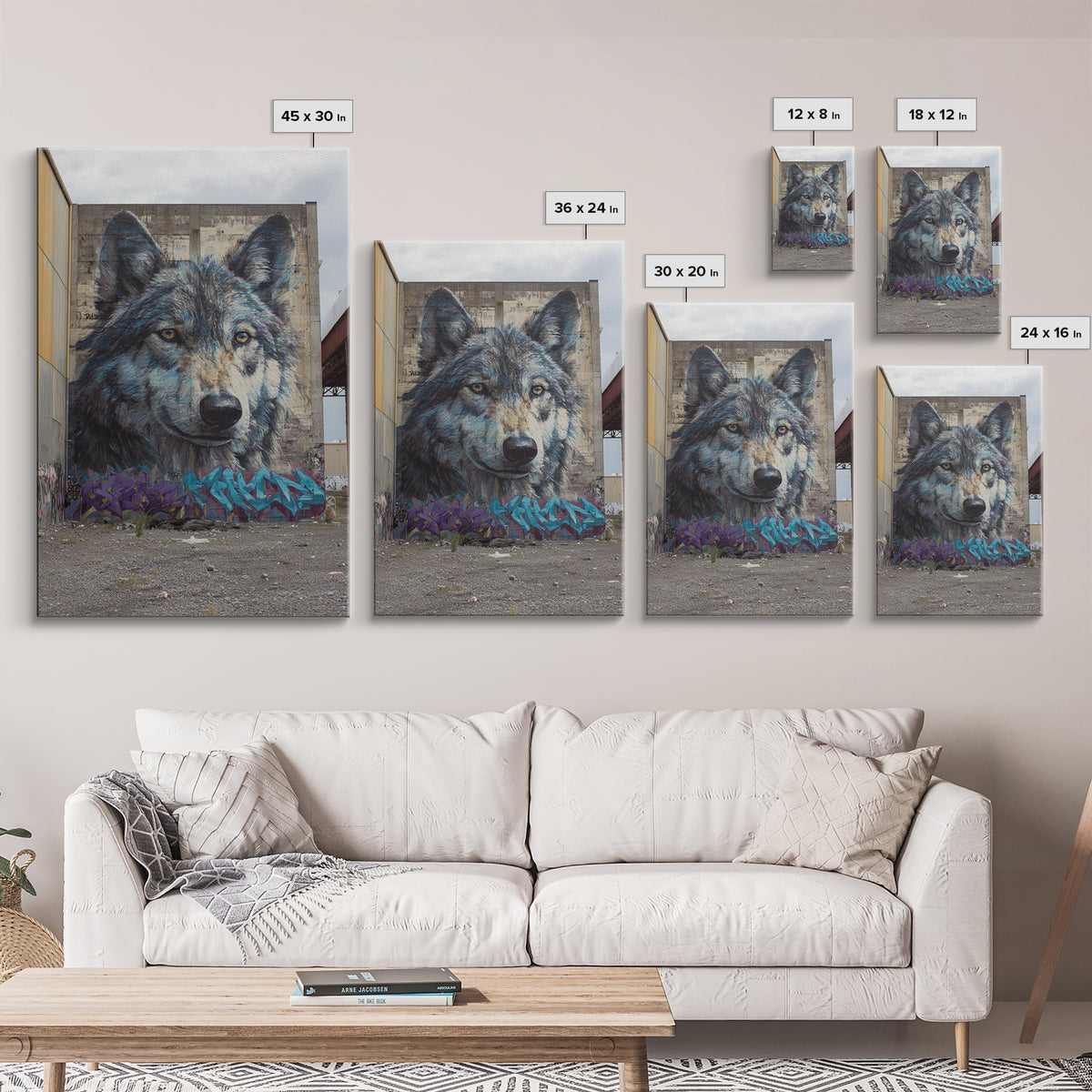 Massive Wolf Mural Graffiti On Urban Wall Featuring Detailed Animal Portrait Vibrant Street Art Print