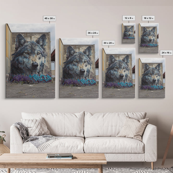 Massive Wolf Mural Graffiti On Urban Wall Featuring Detailed Animal Portrait Vibrant Street Art Print