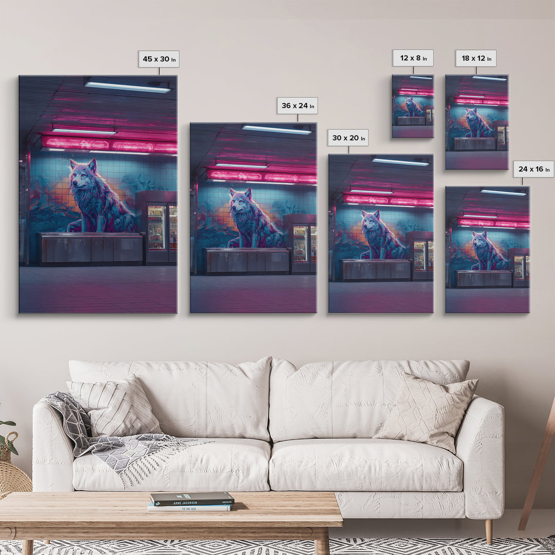 Urban Neon Cityscape With Wolf Mural Vibrant Street Art Wall Art Contemporary Wall Decor Canvas Print For Modern Living Room