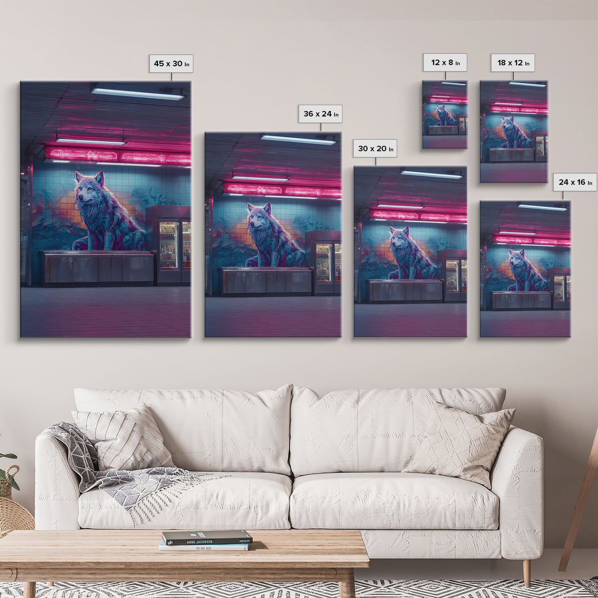 Urban Neon Cityscape With Wolf Mural Vibrant Street Art Wall Art Contemporary Wall Decor Canvas Print For Modern Living Room