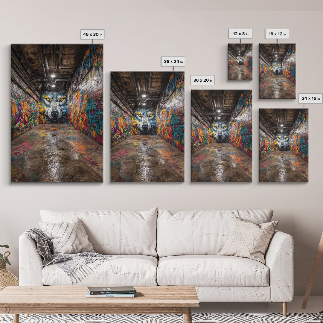 Colorful Wolf Graffiti Street Art Urban Wall Art Print Home Decor Vibrant Alley Framed Canvas Print