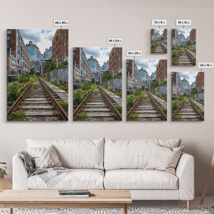 Urban Overgrown Railway Track Between Graffiti Walls In City - Contemporary Wall Art Canvas Print For Modern Decor