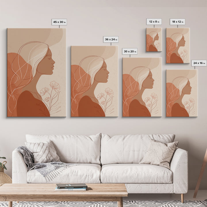Minimalist Woman Profile With Flowers Wall Art, Terracotta Line Art Canvas Print, Feminine Boho Bedroom Decor Gift For Her