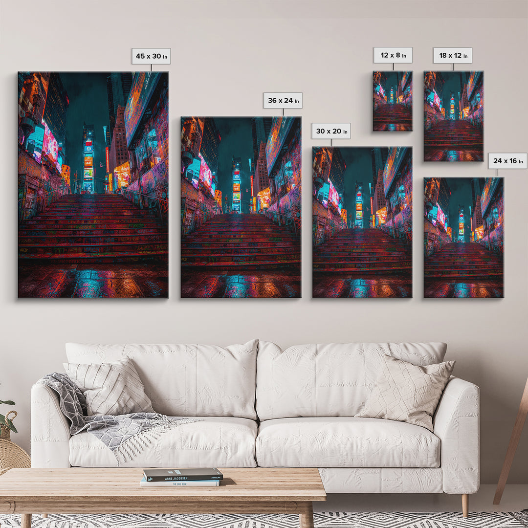 Moody Urban Graffiti Subway With Neon Lights And Rain Wall Art Canvas Print For Modern Street Decor