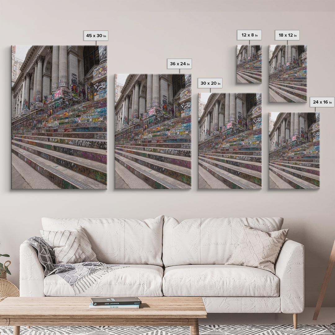Vibrant Graffiti Covered Urban Steps Photography Wall Art Framed Canvas Print For Modern Industrial Home Decor