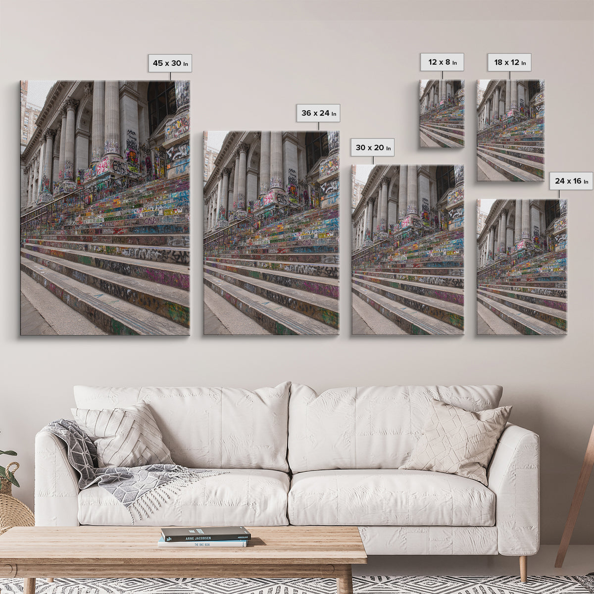 Vibrant Graffiti Covered Urban Steps Photography Wall Art Framed Canvas Print For Modern Industrial Home Decor