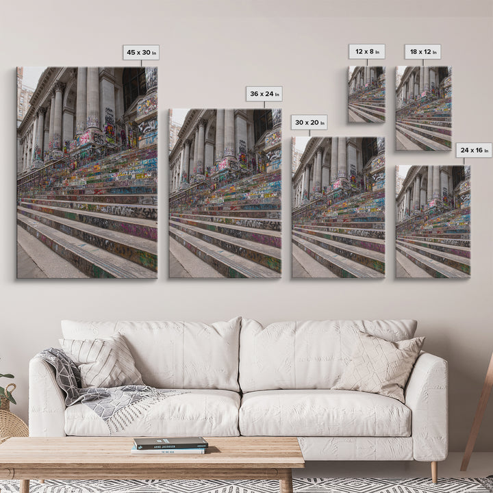 Vibrant Graffiti Covered Urban Steps Photography Wall Art Framed Canvas Print For Modern Industrial Home Decor