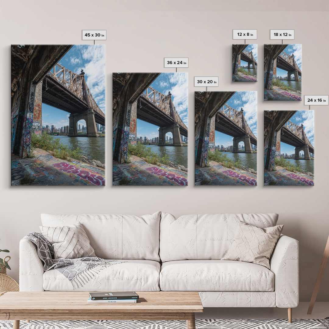Urban Bridge And Graffiti Wall Over River Cityscape Photography Canvas Print Wall Art For Living Room Or Office Decor