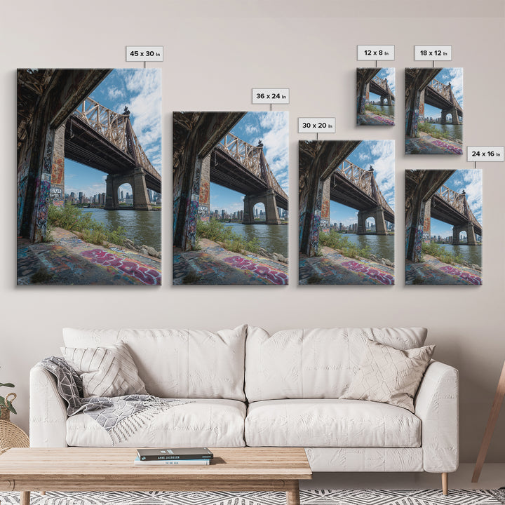 Urban Bridge And Graffiti Wall Over River Cityscape Photography Canvas Print Wall Art For Living Room Or Office Decor