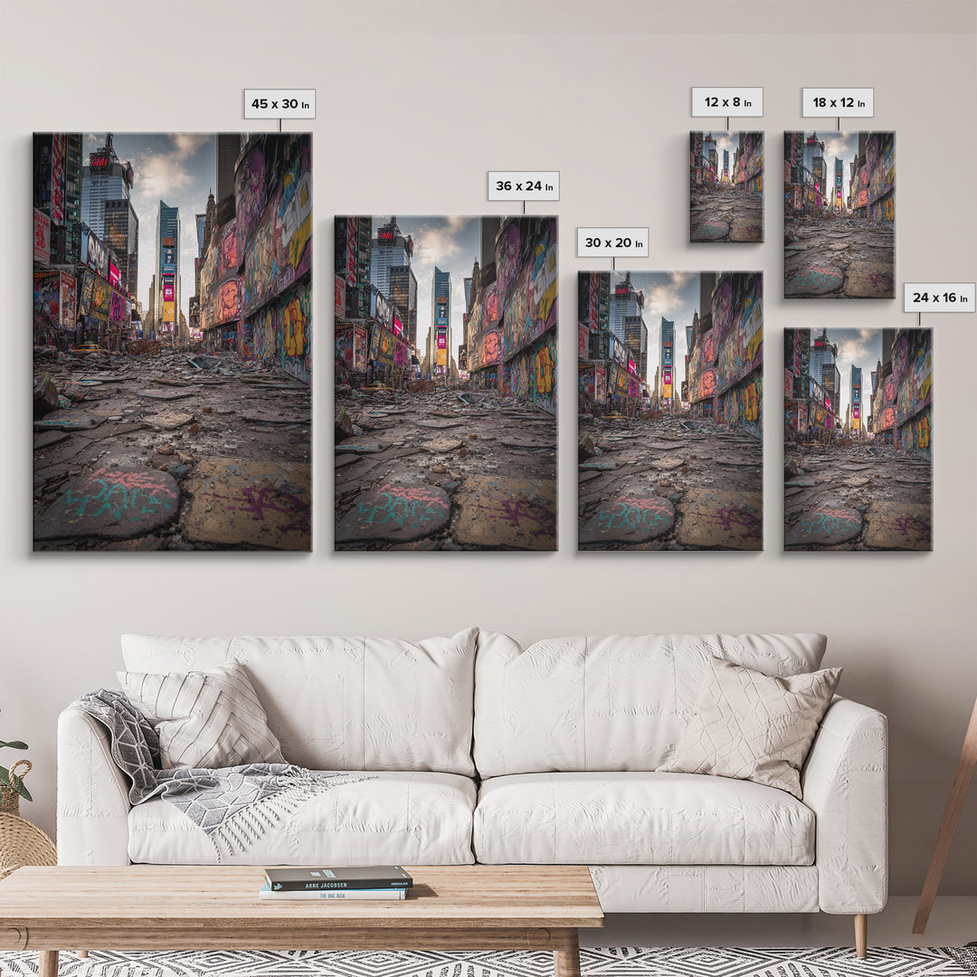 Post Apocalyptic Times Square Urban Ruins Photography Wall Art Print With Graffiti And Debris For Modern Home And Office Decor