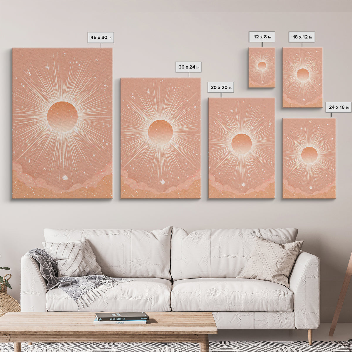 Radiant Peach Sunburst Celestial Wall Art, Boho Sun And Moon Art Print, Warm Neutral Bedroom Decor, Gift For Her, Modern Home Decor