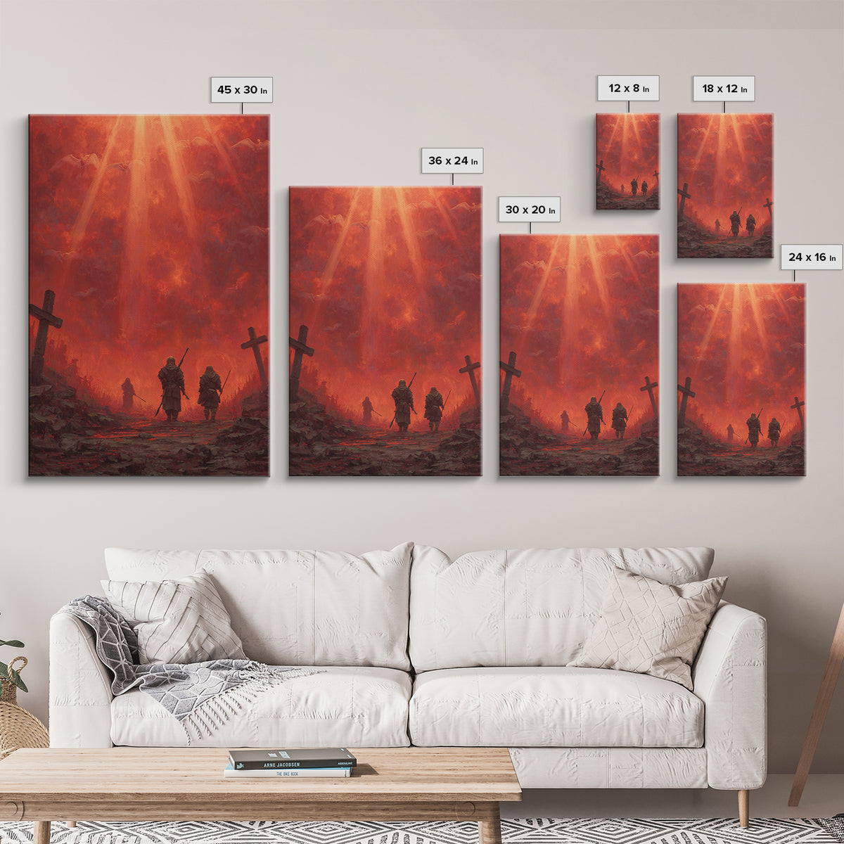 Fiery Red Apocalypse Scene With Warriors And Crosses Dramatic Fantasy Art Canvas Print Perfect Statement Wall Art For Home Decor