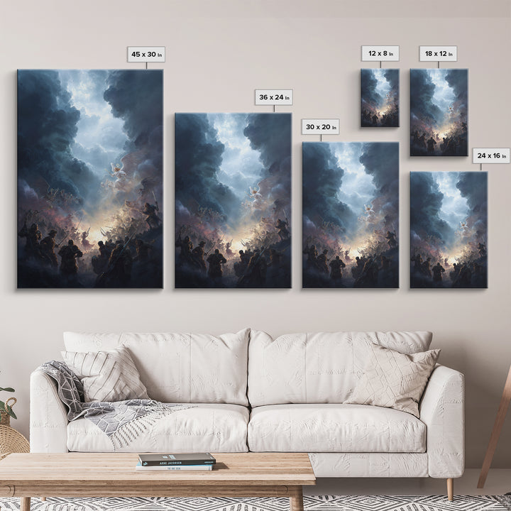 Epic Battle Between Angels Warriors In Dramatic Sky Fantasy Artwork Wall Art Framed Canvas Print For Home Decor