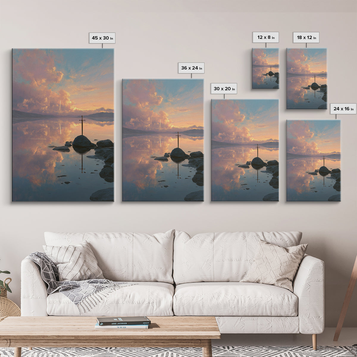 Sunset Over Calm Lake With Reflective Clouds And A Lone Sword Creative Canvas Print Wall Art For Home And Office Decoration