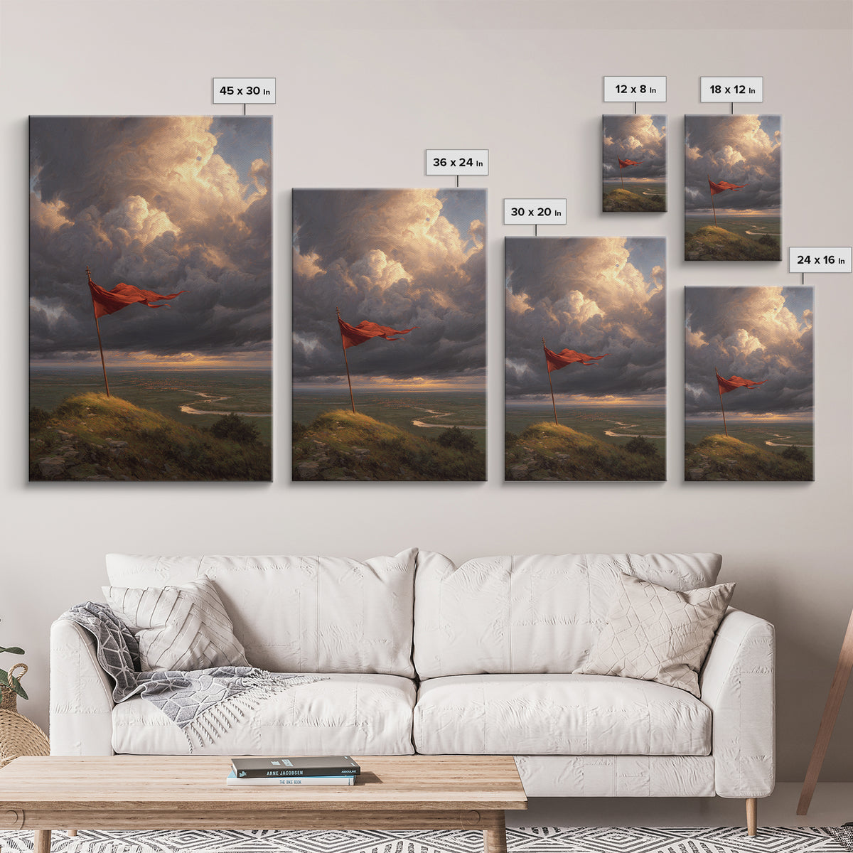 Majestic Flag On Hill Stormy Sky Landscape Painting Wall Art Rustic Home Decor Canvas Print For Living Room And Office
