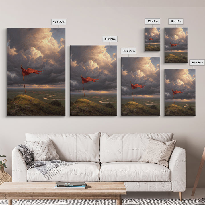 Majestic Flag On Hill Stormy Sky Landscape Painting Wall Art Rustic Home Decor Canvas Print For Living Room And Office