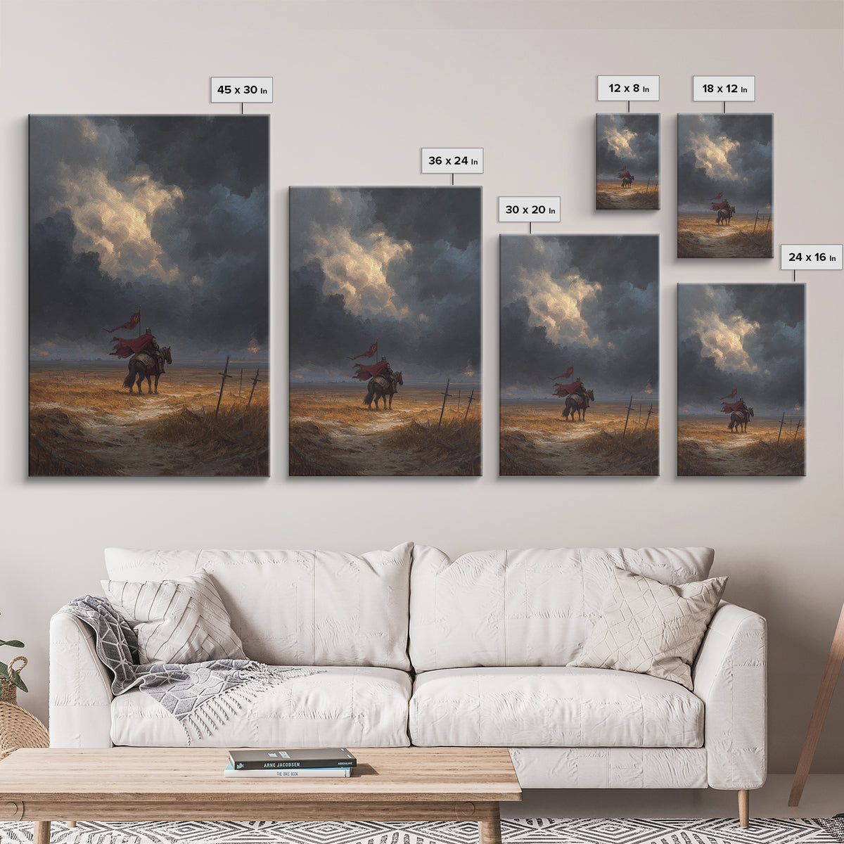 Medieval Knight On Horse With Red Cape Overcast Sky Canvas Print Original Wall Art For Office And Home