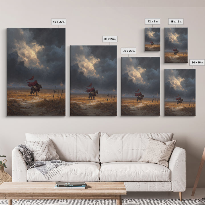 Medieval Knight On Horse With Red Cape Overcast Sky Canvas Print Original Wall Art For Office And Home