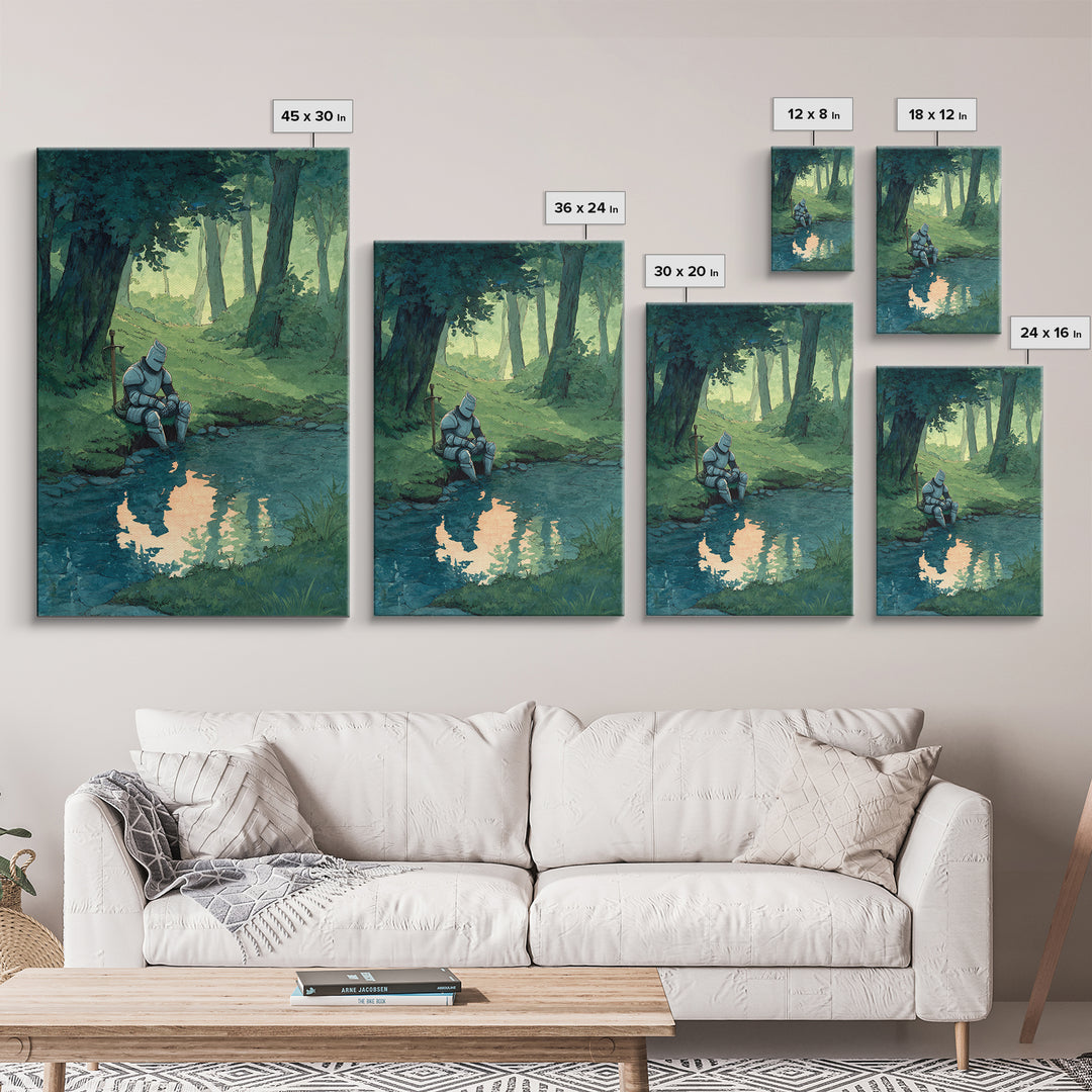 Solitary Knight In Medieval Armor Sitting Beside Forest Stream Original Wall Art With Contemporary And Fantasy Decor