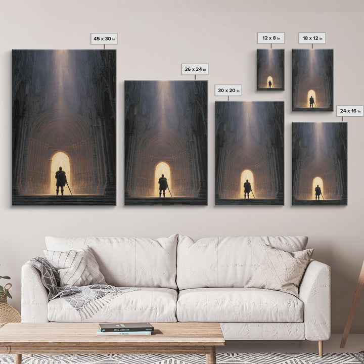 Medieval Knight Standing In Cathedral Doorway With Light Beam Canvas Print Modern Wall Art For Office Decor