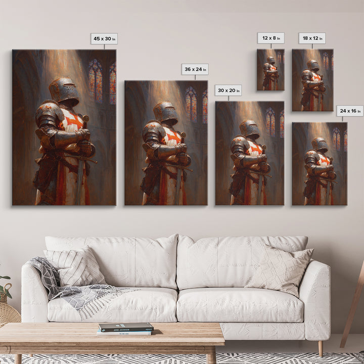 Crusader Knight In Cathedral Sunlight Oil Painting Wall Art Framed Canvas Print Medieval Historical Artwork For Man Cave