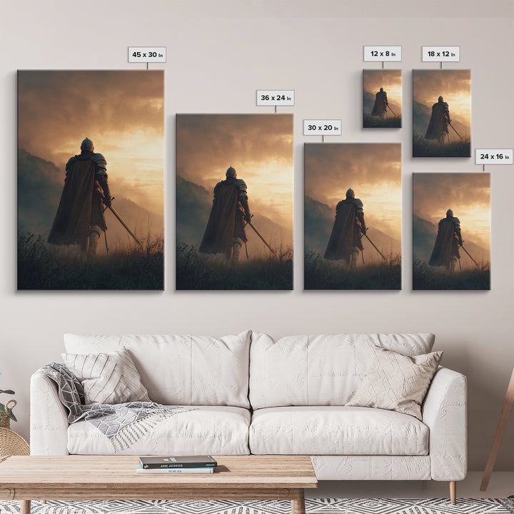 Knight In Shining Armor Facing Dramatic Sky Digital Painting Canvas Print Wall Art For Medieval Decor And Fantasy Ambiance