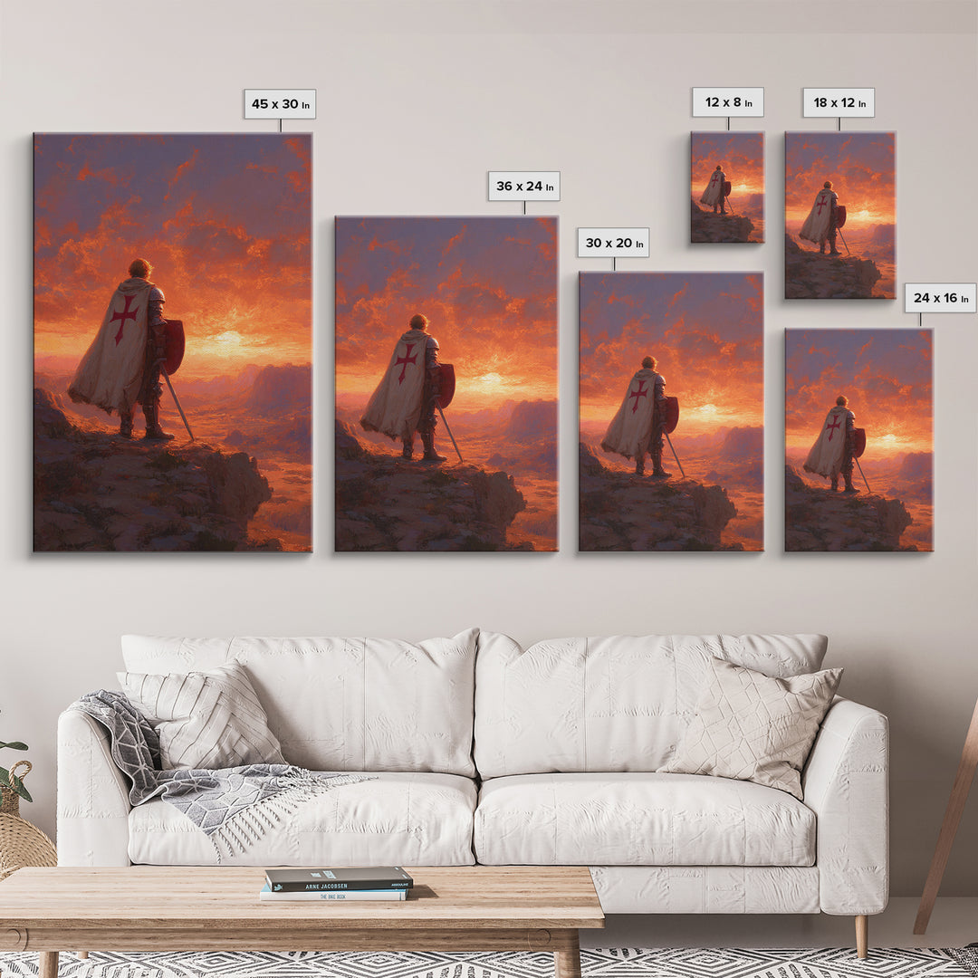 Crusader Knight Standing At Sunset Dramatic Historical Painting Canvas Print Wall Art Medieval Art For Home And Office Decor