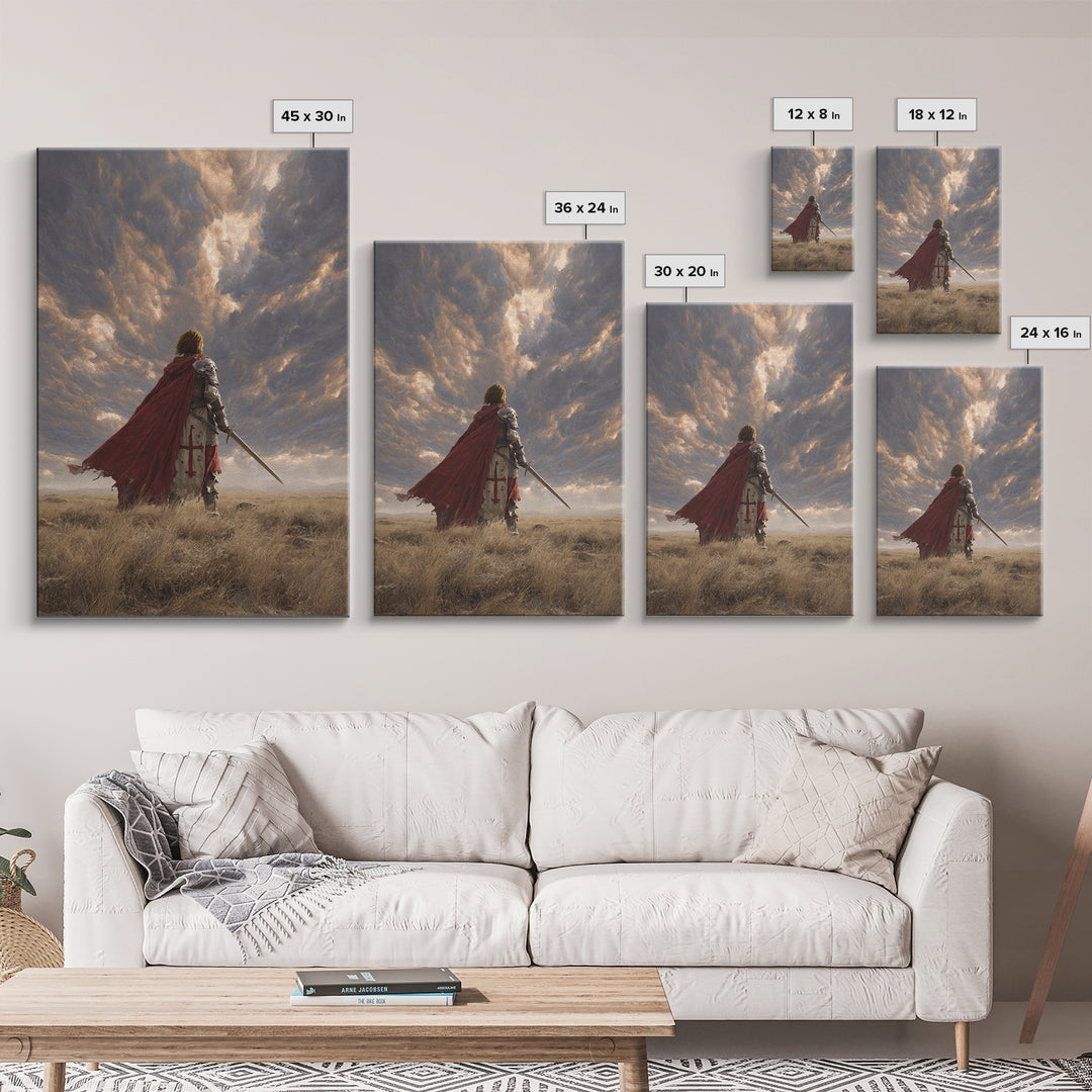 Majestic Knight Kneeling With Sword On Ground Under Dramatic Skies - Captivating Framed Canvas Print For Home