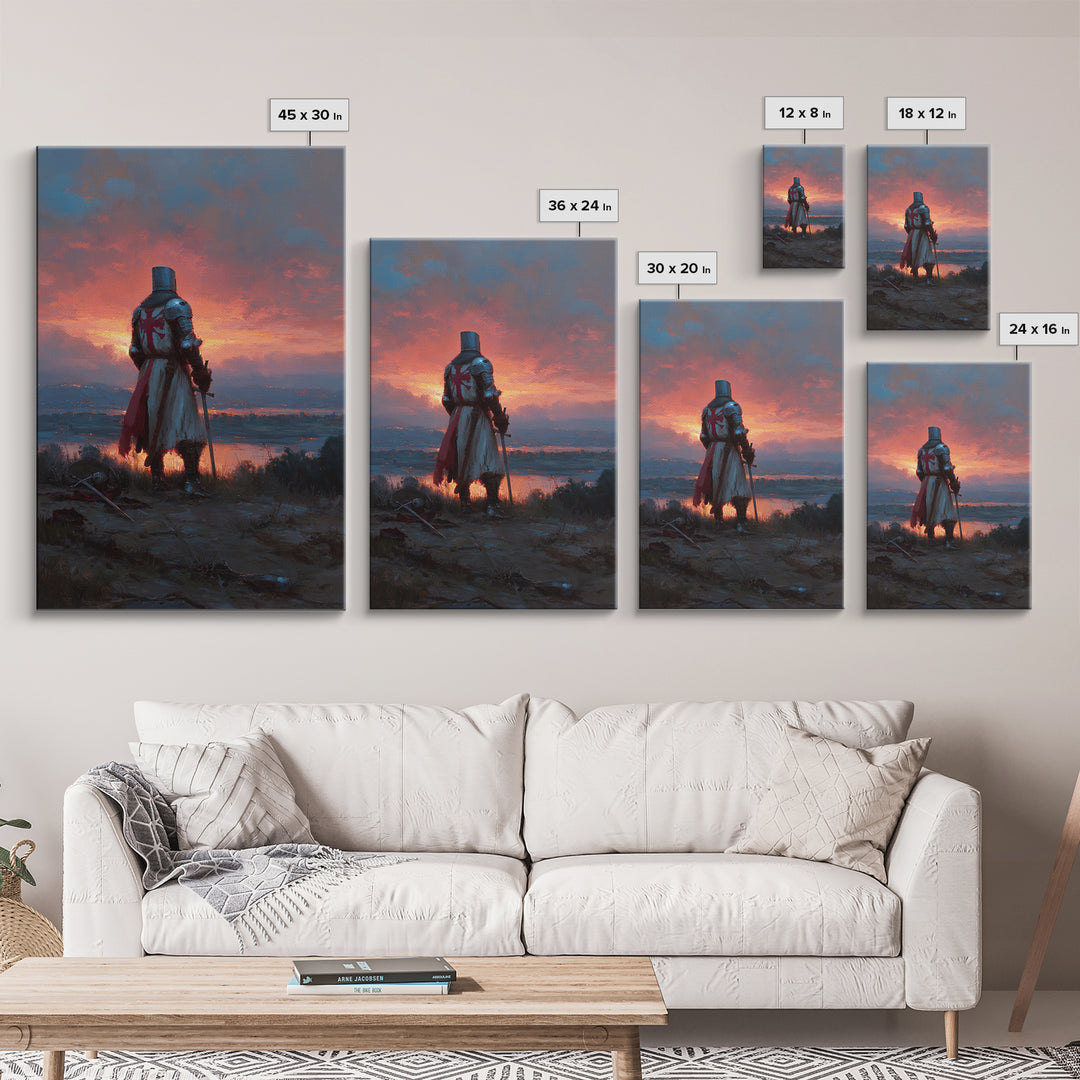 Knight In Armor At Sunset Painting Dramatic Landscape With Medieval Warrior Exploring Emotional Wall Art For Office Decor Or Living Room Framed Canvas Print