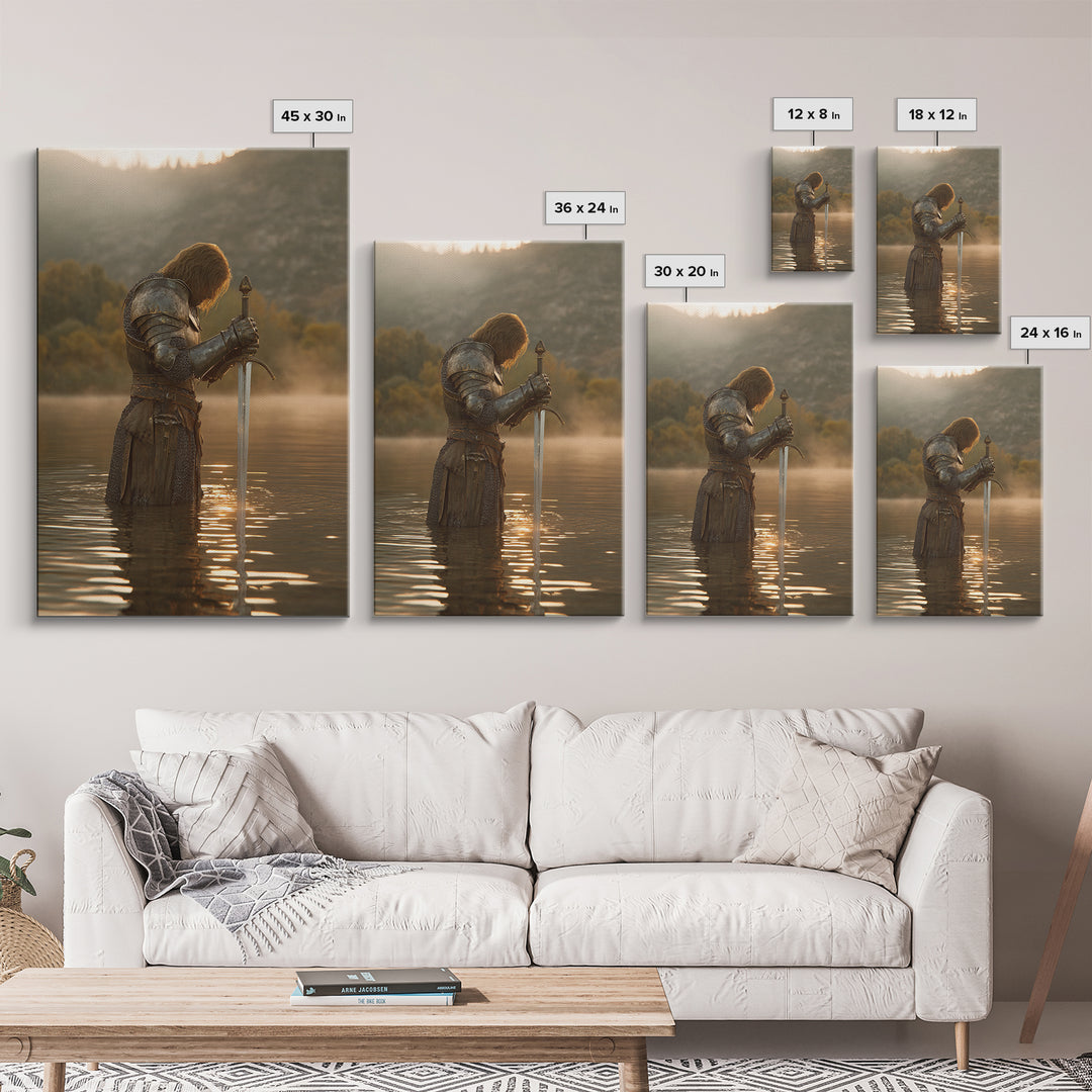 Medieval Knight Standing In Water Holding Sword Dramatic Warrior Wall Art Canvas Print For Man Cave Decor
