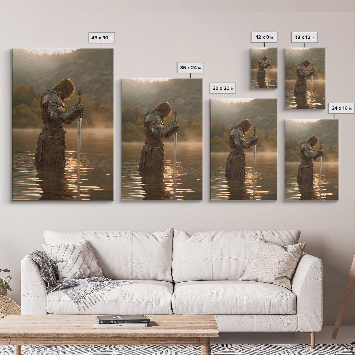 Medieval Knight Standing In Water Holding Sword Dramatic Warrior Wall Art Canvas Print For Man Cave Decor