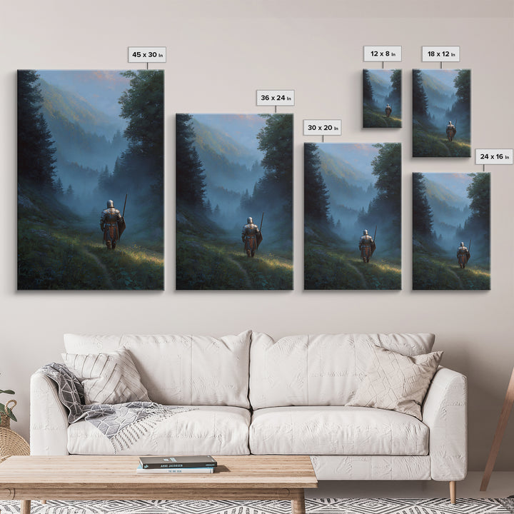 Knight In Armor Standing In Misty Valley Painting Medieval Fantasy Artwork For Office Wall Decor Or Living Room Statement Wall Art Framed Canvas Print