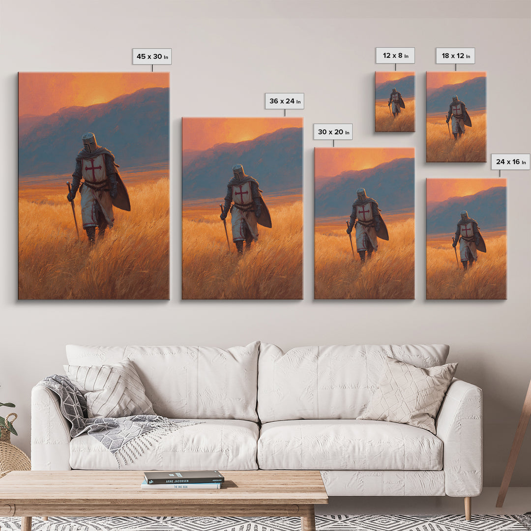 Medieval Knight In Armor With Sword Walking Through Golden Field At Sunset Wall Art Framed Canvas Print