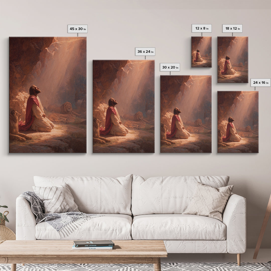 Praying Man With Lions In Dramatic Light Spiritual Christian Art Framed Canvas Print For Home Decor
