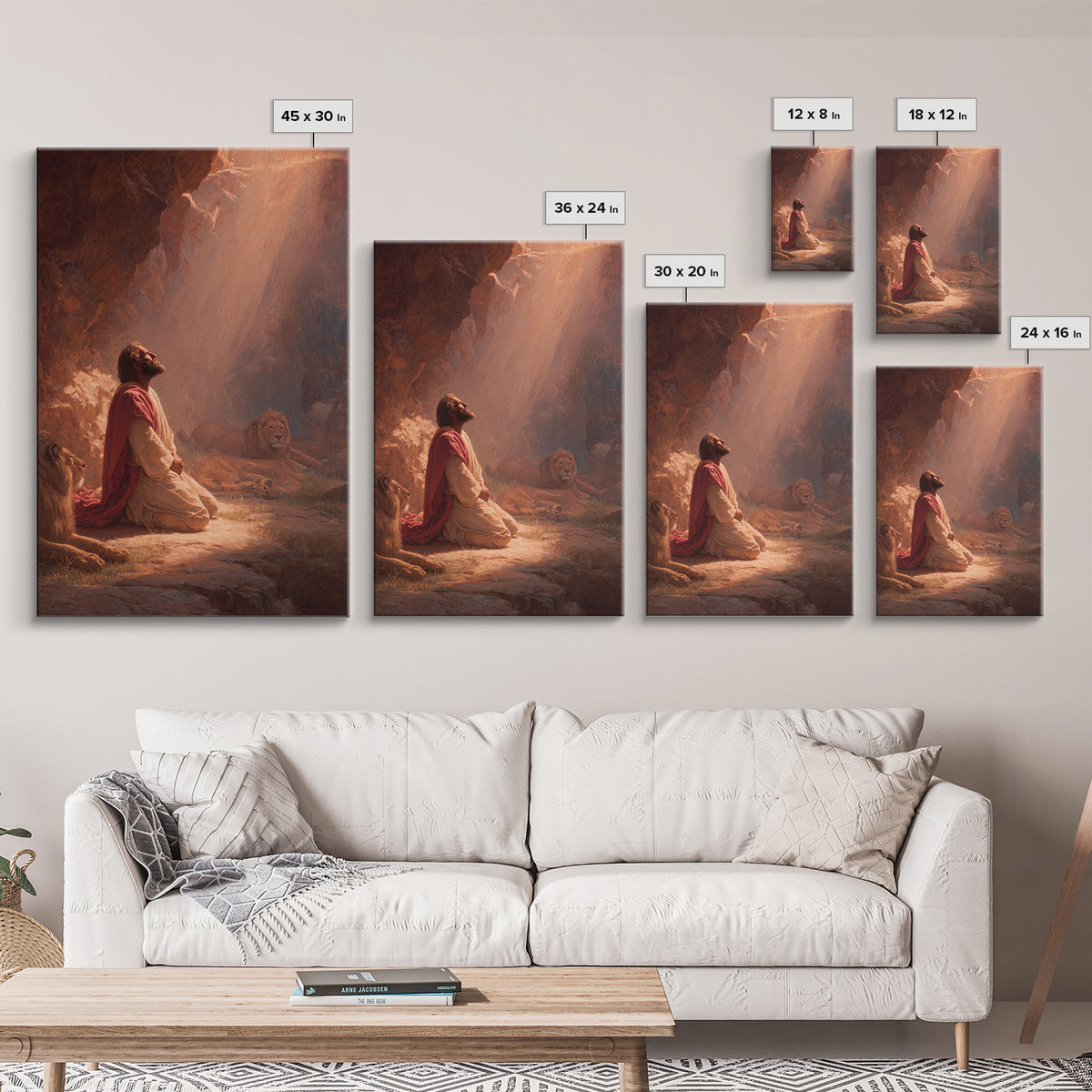 Praying Man With Lions In Dramatic Light Spiritual Christian Art Framed Canvas Print For Home Decor