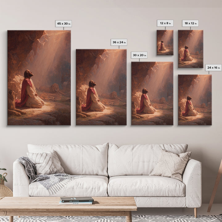 Praying Man With Lions In Dramatic Light Spiritual Christian Art Framed Canvas Print For Home Decor