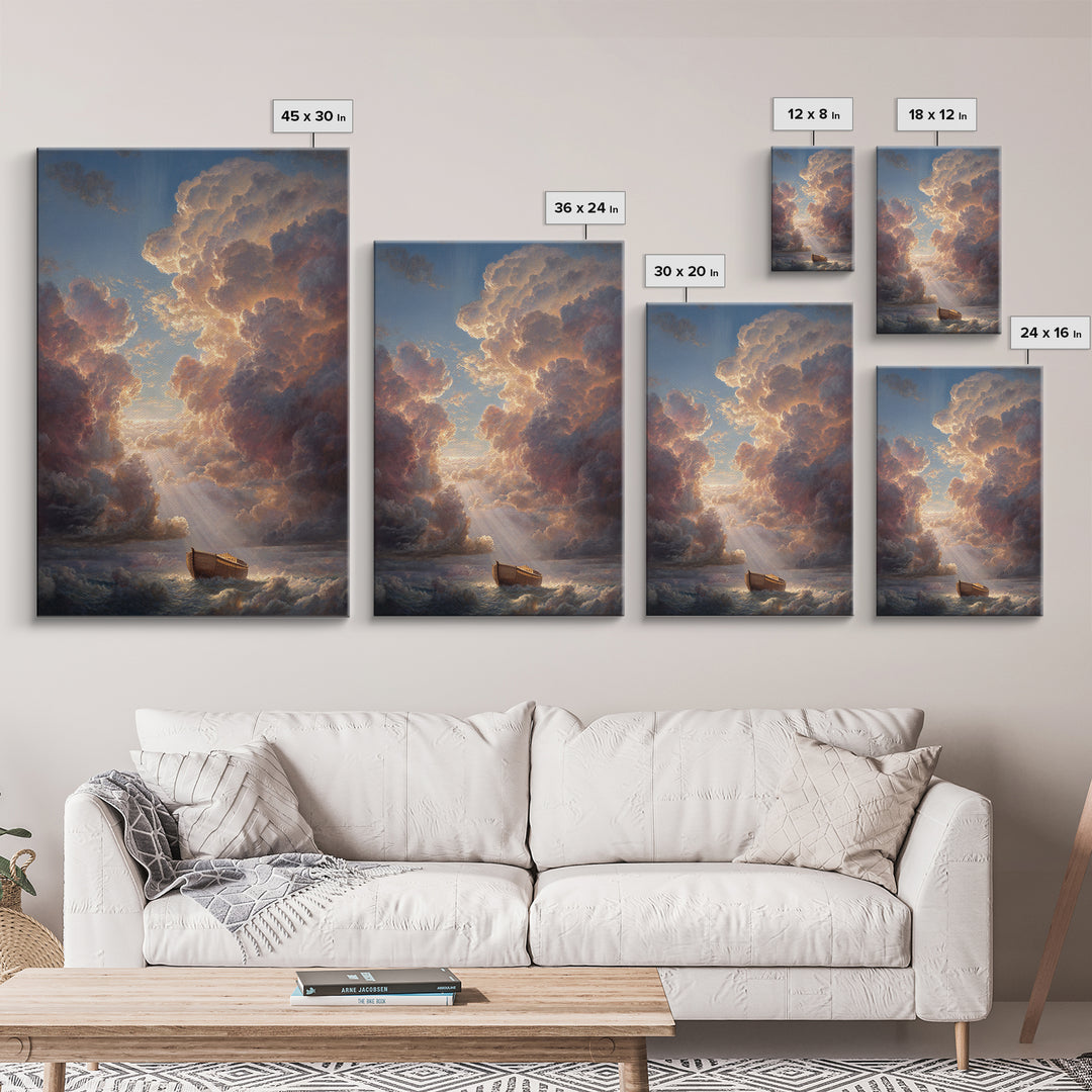 Sunset Clouds And Ark On Stormy Seas Dramatic Landscape Oil Painting Wall Art For Coastal Home Decor Or Nautical Gift