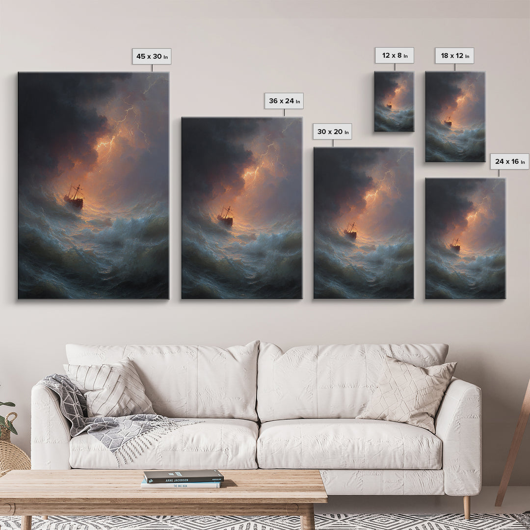 Ship In Stormy Sea With Lightning Strikes Dramatic Ocean Scene Oil Painting Wall Art Canvas Print