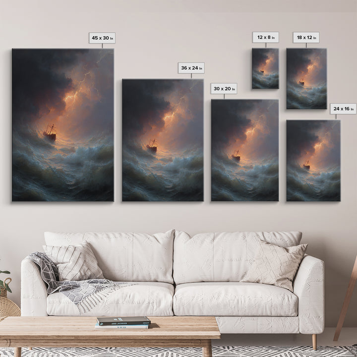 Ship In Stormy Sea With Lightning Strikes Dramatic Ocean Scene Oil Painting Wall Art Canvas Print