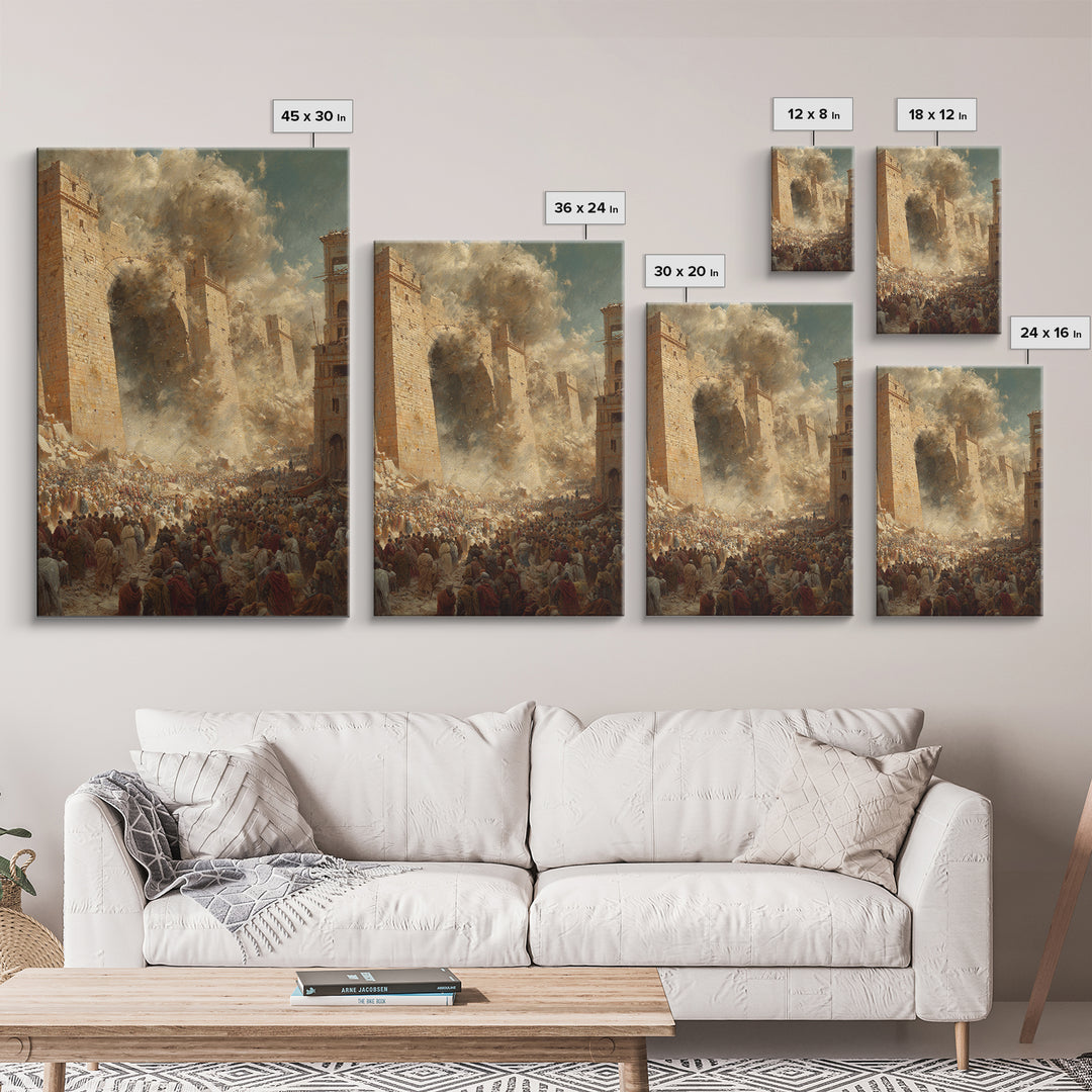 Historic Siege Scene With Crowds And Stone Walls Dramatic Wall Art Framed Canvas Print For Living Room Decoration